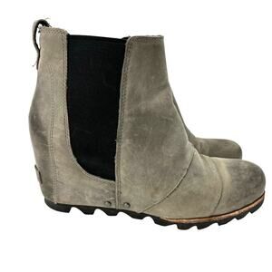 Sorel Lea Hidden Wedge Chelsea Ankle Boots Gray Leather Pull On Women's Size 10